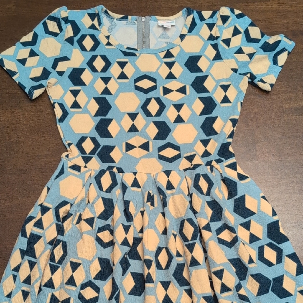 LuLaRoe Amelia Geometric Dress in Blue and Beige
